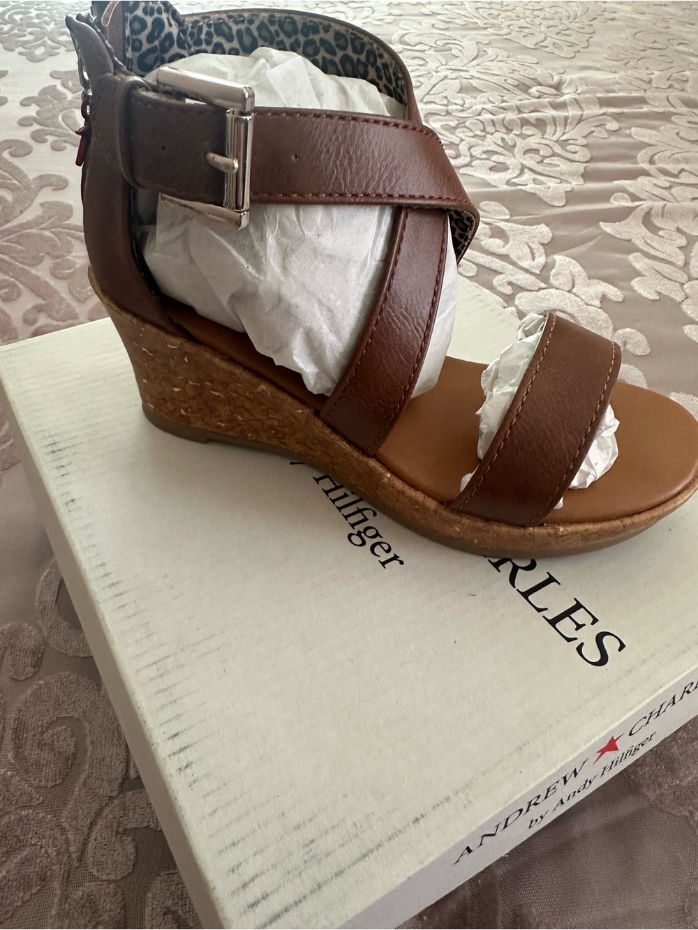 Andrew Charles Brown Leather Wedge Sandals with Cork Platform (New size 1)